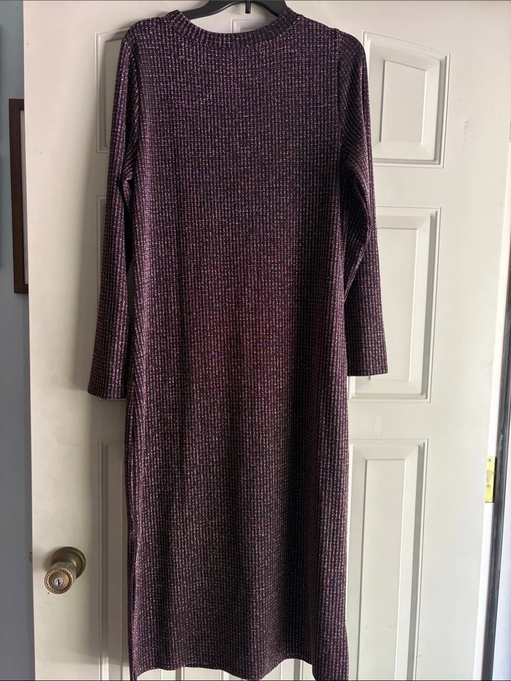 NWT LOFT BLACK MULTICOLOR LONG SLEEVE SIDE SLIT SHIMMER DRESS - Size Large - Picture 4 of 4